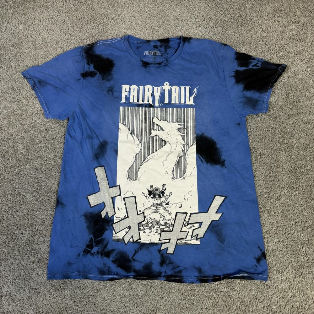 Fairy Tail Shirt Mens M Blue Tie Dye Manga Dragon Graphic Crew Neck 100% Cotton
